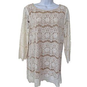 V. Christina - Nude with White Lace Overlay Round Neck Lace Sleeve Tunic M